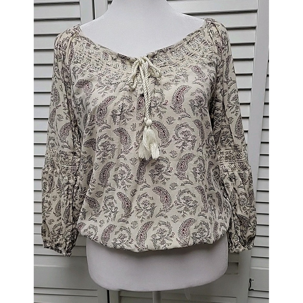 American Eagle Outfitters Cream Boho  Paisley Peasant Top Women's SZ P/S Tassel